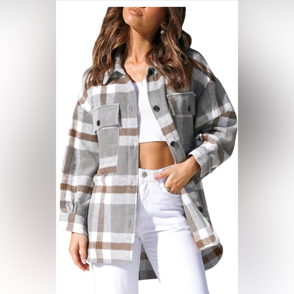 Color Block Plaid Flannel Shacket Jacket Button Down Shirt Coat Tops. Large
